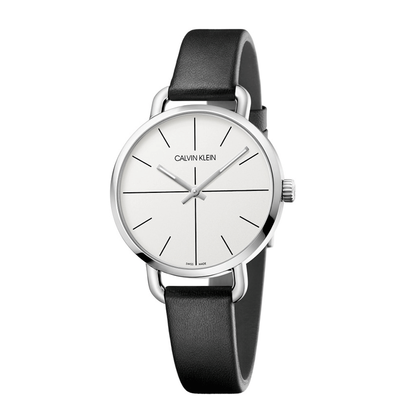 Calvin Klein Women's Silver Steel Watch MM. 36 with Black Leather Strap New Collection Even