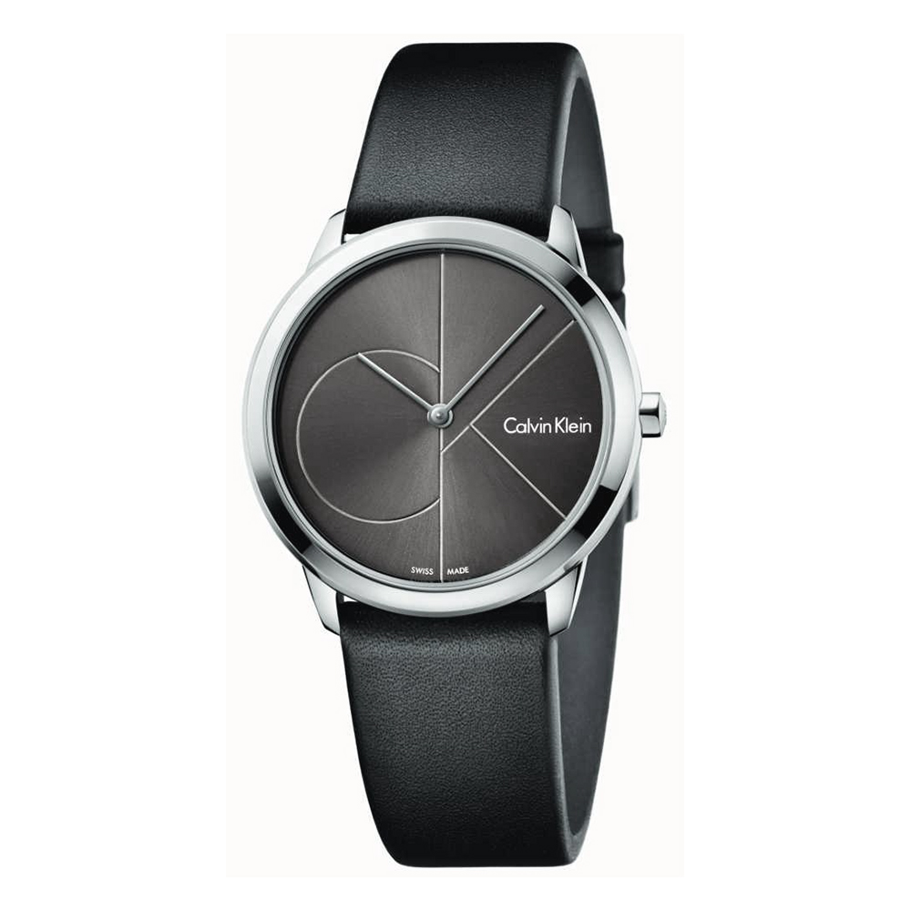 Calvin Klein Woman Watch Minimal Collection Cold Gray With Black Leather Strap MM. 35