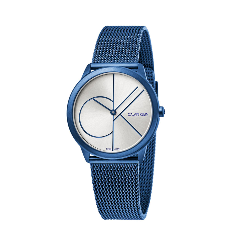 Calvin Klein Women's Minimal Blue PVD Steel Watch Silver Dial MM. 35 With Knitted Strap Milan