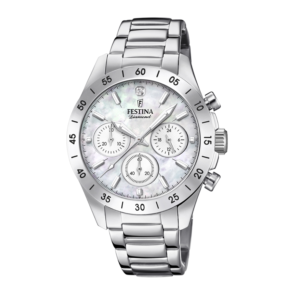 Festina Women's Watch Chrono Diamond Case mm. 38 with White Mother of Pearl Dial Boyfriend Collection