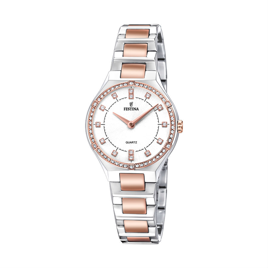 Festina Woman Watch In Steel And Rosè PVD Mademoiselle Collection With Zirconia Bezel