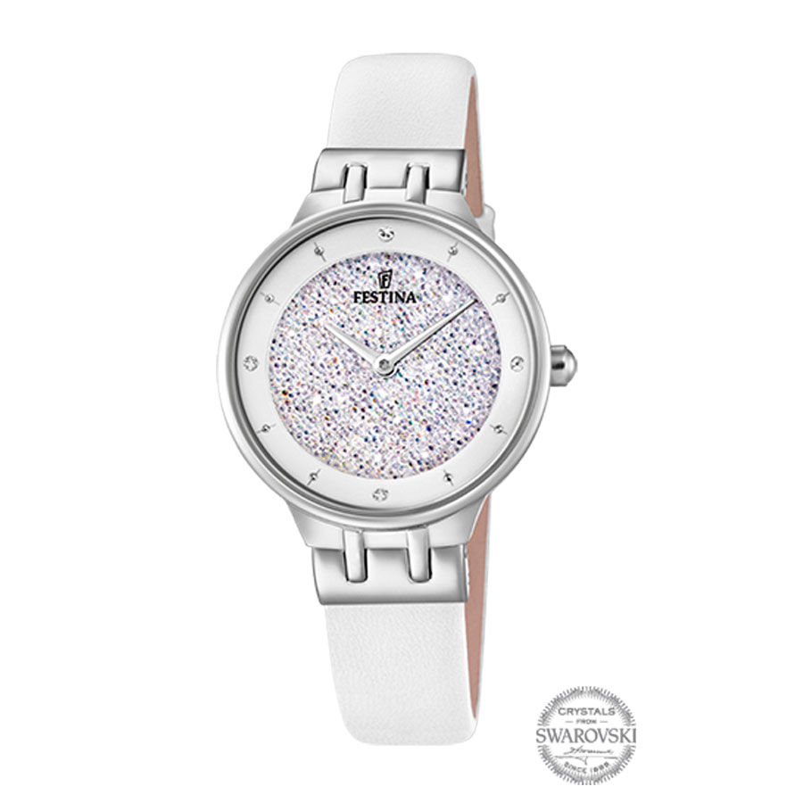 Festina Woman Watch New Mademoiselle Model In Steel MM Case. 30 With Swarovski Crystals and White Leather Strap