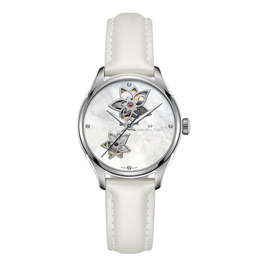 Hamilton Women's Jazzmaster Open Heart Automatic White Mother of Pearl and Diamonds Watch Case with Leather Strap 34 mm