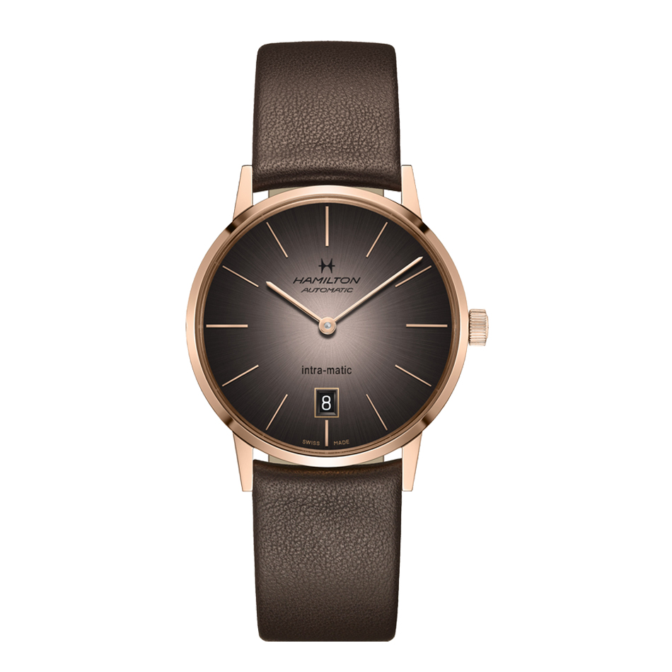 Hamilton Men's Intra-Matic Automatic In Pink PVD Steel Watch MM. 38 With Shaded Brown Dial and Brown Leather Strap
