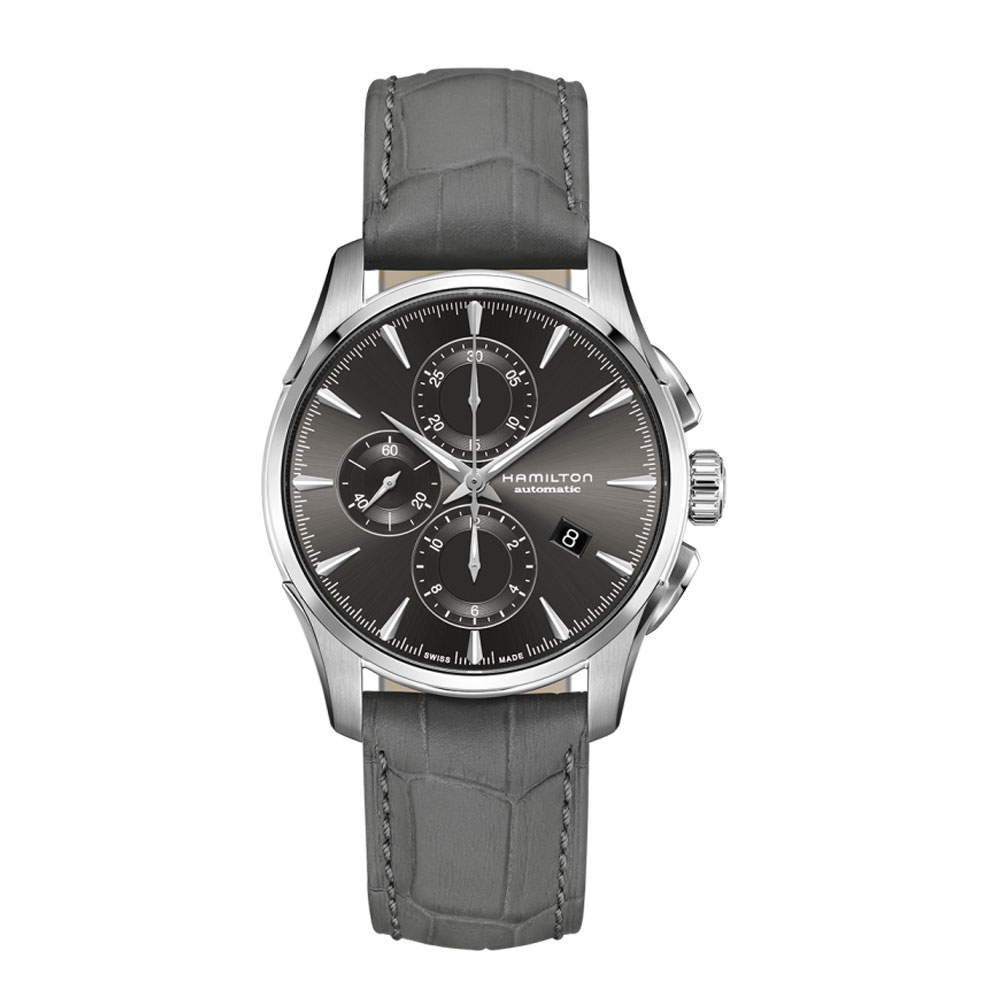 Hamilton Men's Jazzmaster Chrono Automatic MM 42 Grey Dial with Grey Leather Strap Watch