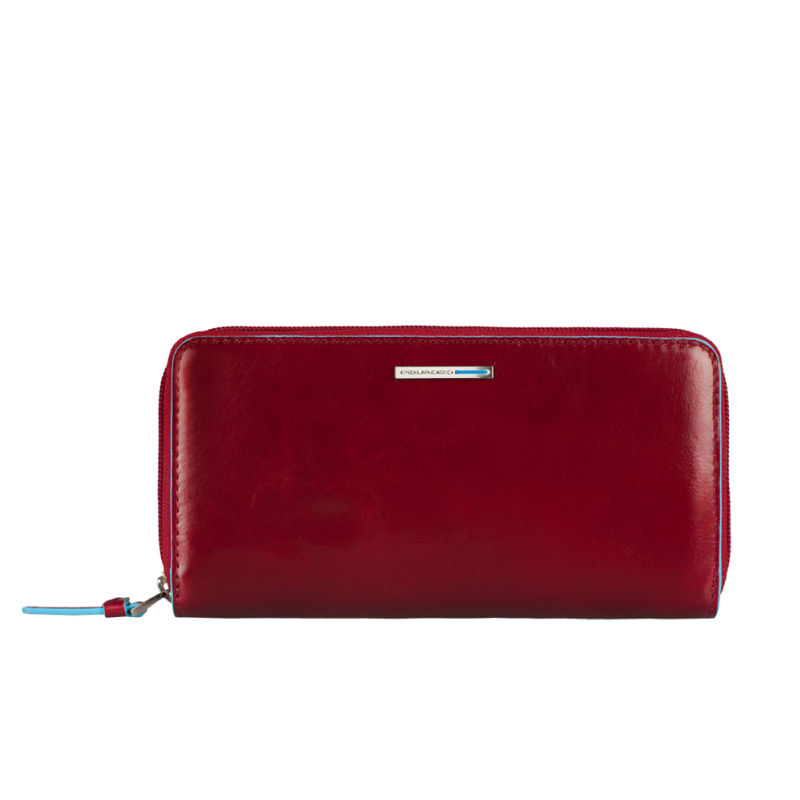 Piquadro Woman Wallet In Red Blue Square Leather With Three Gussets With Zip
