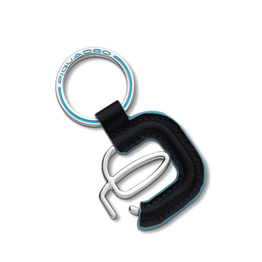 Piquadro Logo Key Ring In Black Leather And Aluminum Blue Square Collection