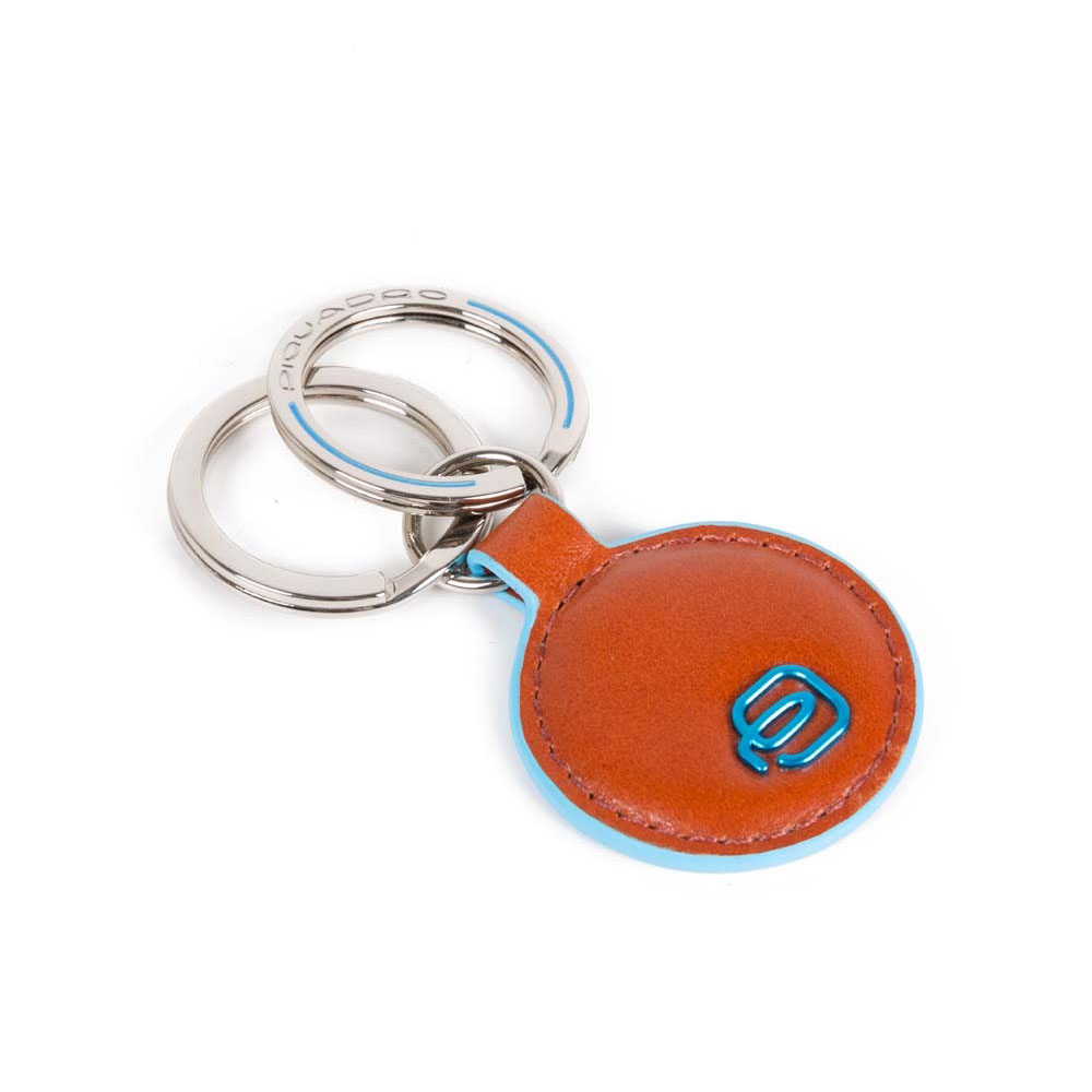 Piquadro Keyring In Orange Leather Blue Square Collection With Round Pendant