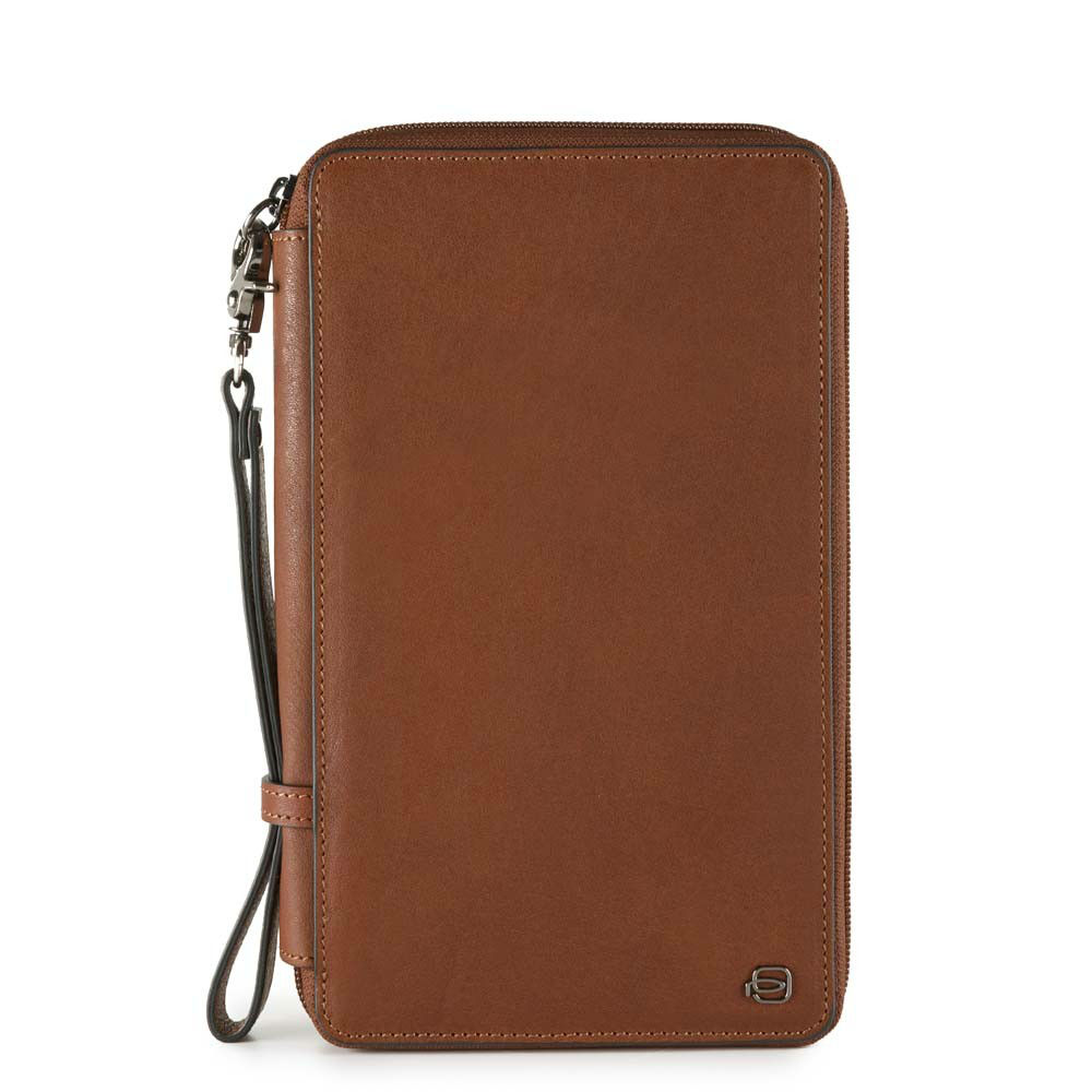 Piquadro Travel Document Holder In Tan Leather With Black Square Credit Card Holder