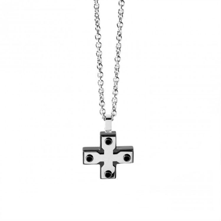Comete Men's Necklace Double Faces Collection With Black PVD Cross
