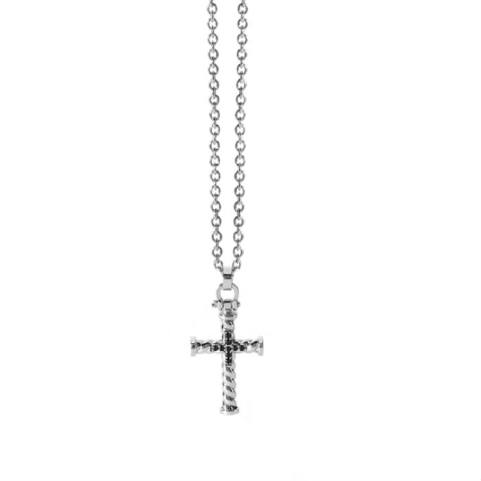 Comete Man Necklace Zeffiro Collection In Steel With Cross and Black Diamonds